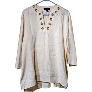 August Silk 100% Linen Tunic 3/4 Sleeve Gold Grommet V Neck Blouse Womens Sz S